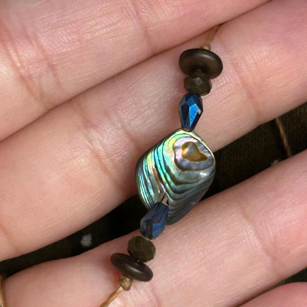 Abalone dainty necklace cord czech glass beachy adjustable blue cottagecore boho